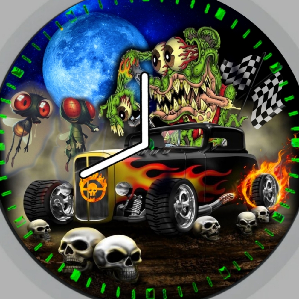 B Hot Rod Skull Wall Clock -Ed Roth Inspired Racing Rat